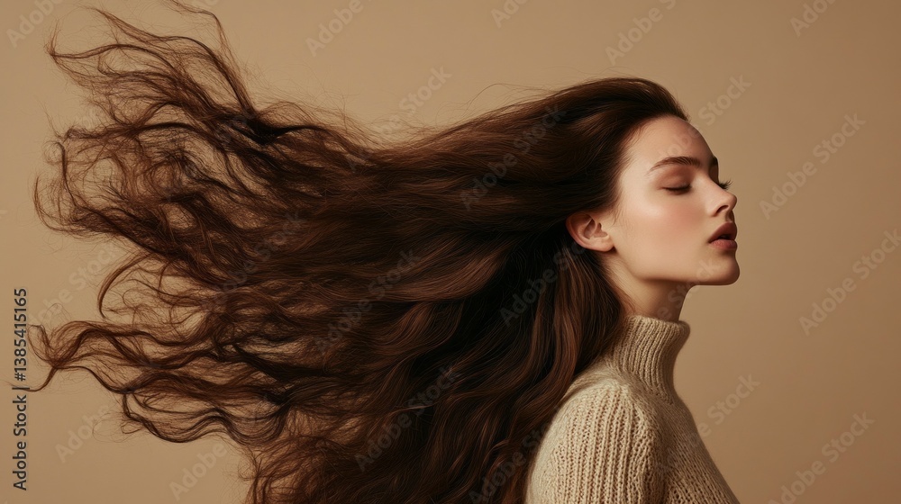 Naklejka premium A young woman stands gracefully, her long hair flowing in the air while she exudes poise and charm. The muted background complements her enchanting expression and elegant posture