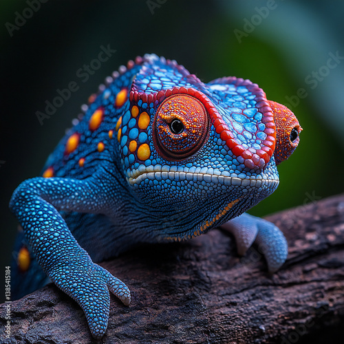 A close-up of a chameleon changing color on a tree branch in a tropical rainforest