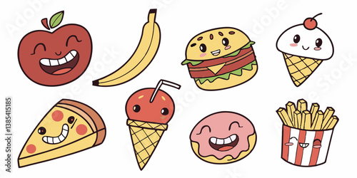 Cute Kawaii Cartoon Food Characters Apple Banana Burger Ice Cream Pizza Donut Fries