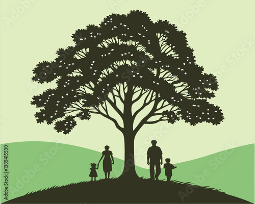 Family Silhouette Under a Big Tree on a Green Hill.