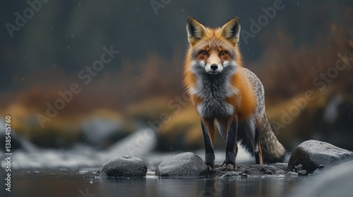 Hermoso zorro rojo de pie sobre unas piedras sobre la superficie del agua. Muy concentrado en su presa. Foto de vida silvestre en estado puro.