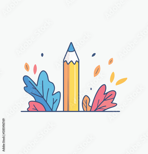 Vibrant Pencil Surrounded by Autumn Leaves: A Creative Education Illustration