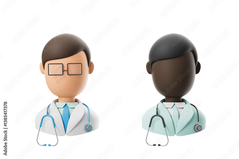 Fototapeta premium Two 3D cartoon doctor avatars in lab coats with stethoscopes, isolated on white background. Concept of healthcare professionals and medical staff. 3D Rendering