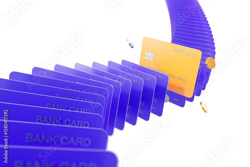 Multiple blue and orange bank cards arranged in a curved dynamic flow, floating gold coins, 3D Rendering style, isolated on white background, finance concept photo