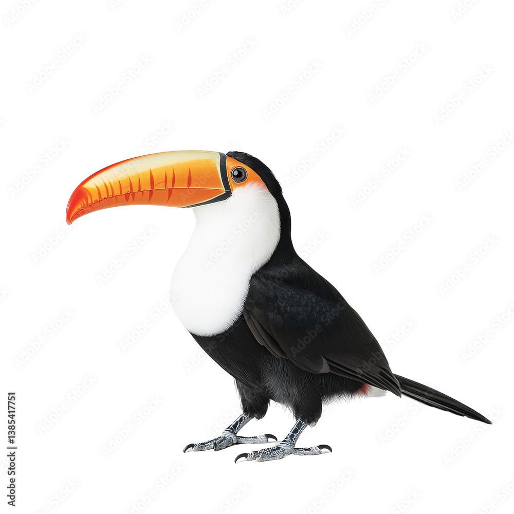 Fototapeta premium Vibrant and Colorful Toucan with Large Bill in a Studio Setting Against a White Background