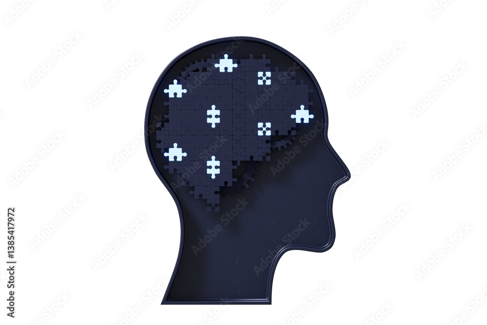 Silhouette of a human head with brain formed from puzzle pieces and gears, isolated style on white background. Concept of cognition and mental structure. 3D Rendering Silhouette of a human head with brain formed from puzzle pieces and gears, isolated style on white background. Concept of cognition and mental structure. 3D Rendering