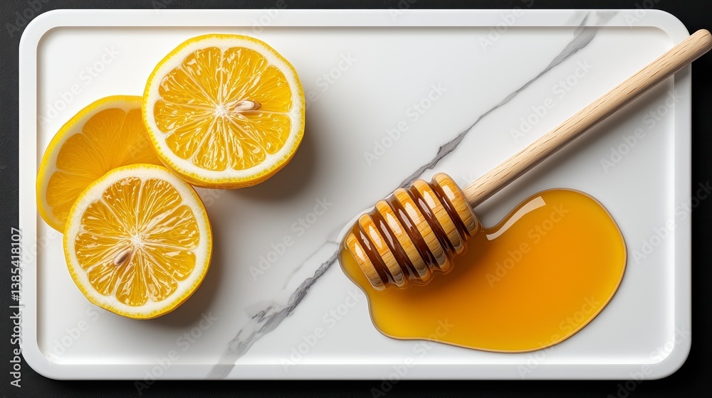 Honey and Lemon Slices on White Marble Tray Honey and Lemon Slices on White Marble Tray