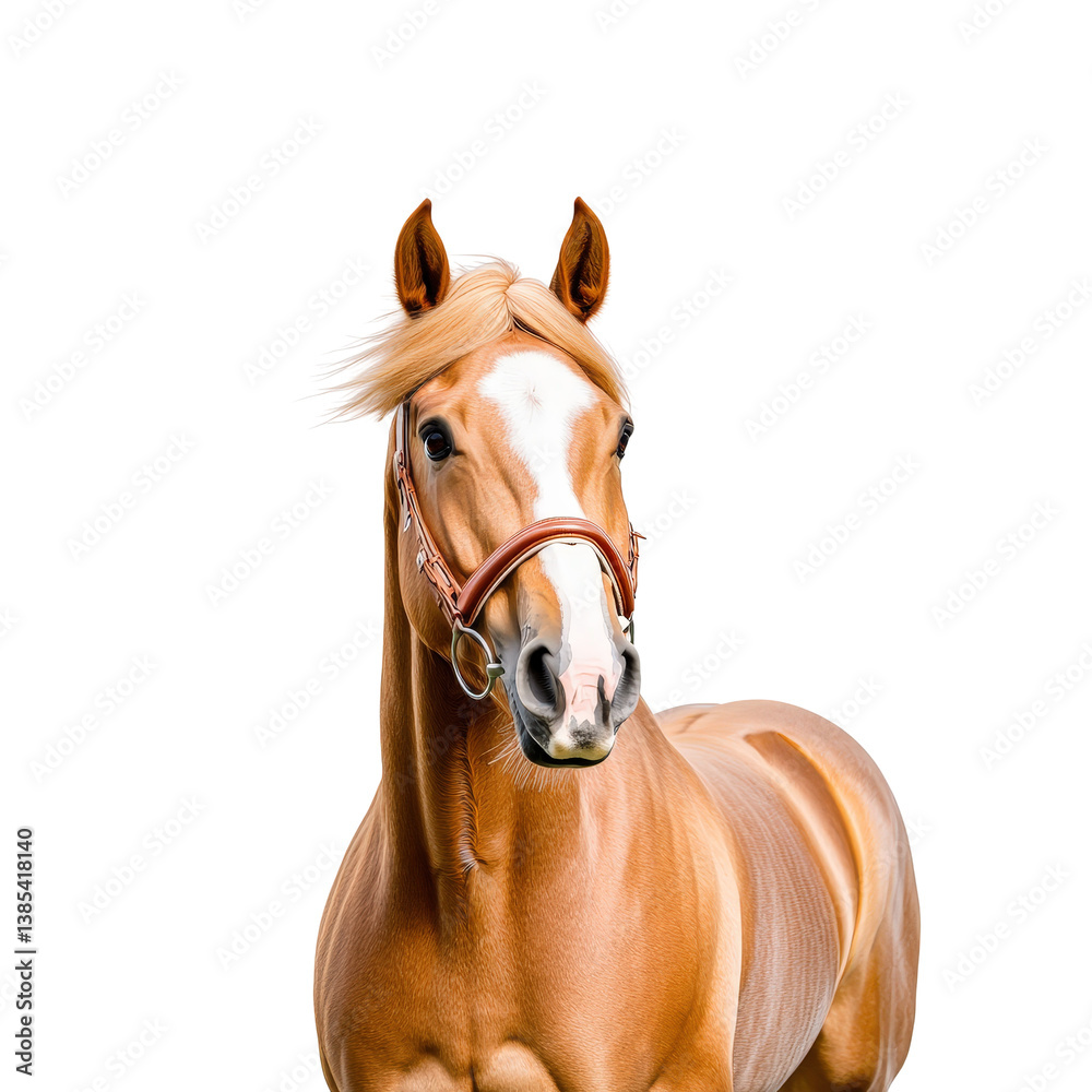 Fototapeta premium Beautiful chestnut horse with flowing mane standing against a white background in studio setting