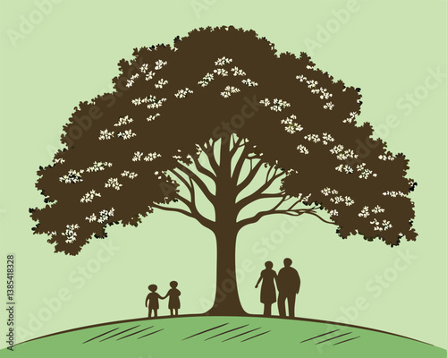 Family Silhouette Under a Big Tree on a Green Hill.