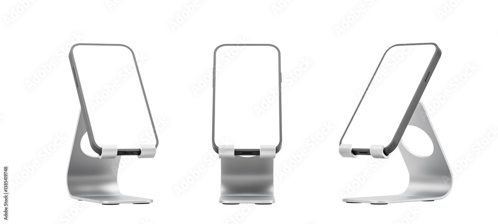 Three metallic smartphone stands with blank screens displayed from different angles, isolated on white background, for product mockup or layout concept. 3D Rendering