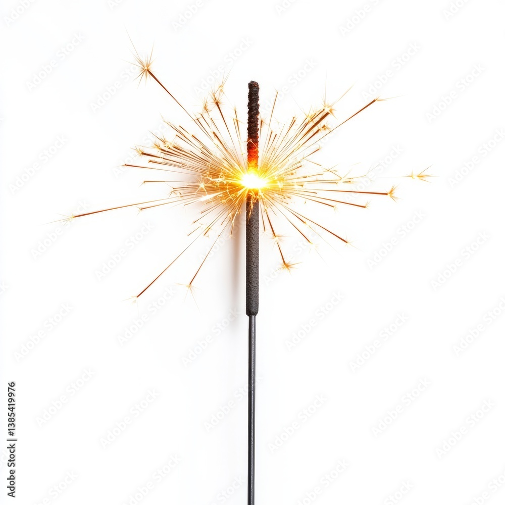 Fototapeta premium Sparkler lit against white background, symbolizing celebration and joy, perfect for New Year's Eve and festive occasions