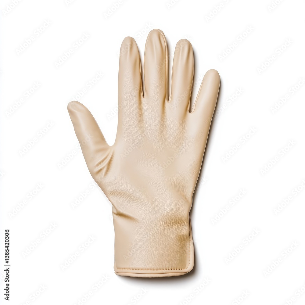 Obraz premium Protective beige latex glove on white background, essential for hygiene routines and medical safety, health and infection prevention
