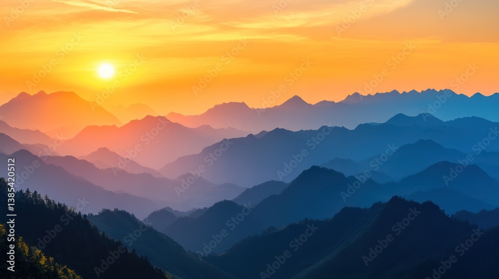Obraz premium Mountain range sunrise panorama, tranquil view, nature landscape, possible use for wallpaper or screen saver