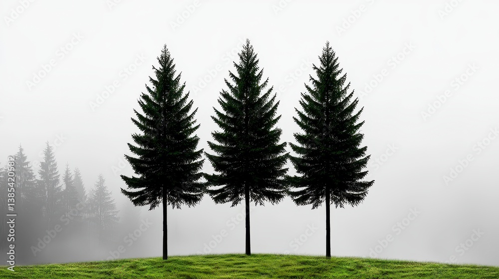 Fototapeta premium Three Evergreen Trees in Misty Forest Landscape
