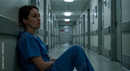 Exhausted nurse taking a break in hospital hallway reflecting healthcare strain