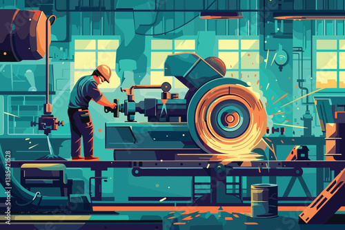 Robotized industrial production cartoon vector concept. Robotic hands working on modern factory or plant conveyor, manufacture qualified worker, engineer or service technician with tablet illustration