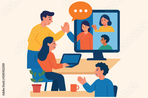 Hybrid team collaboration. In-office colleagues high-fiving while connecting virtually with remote team members on a screen. Teamwork, communication, and modern workplace.