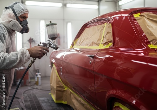 Expert auto painter applying red finish to classic car in a professional workshop