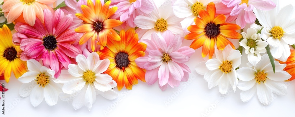 Flowers on the white background flat lay arrangement copy space border frame. Flowers on the white background flat lay arrangement copy space border frame.
