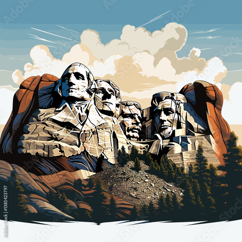 Mount Rushmore. Mount Rushmore hand-drawn comic illustration. Vector doodle style cartoon illustration