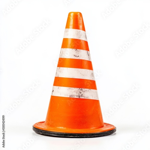 Safety traffic cone on white background, symbolizing construction work, road safety measures, and infrastructure development concepts
