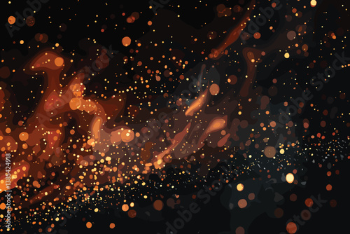 Fiery orange glowing flying away particles on black background, Burning fire embers glowing