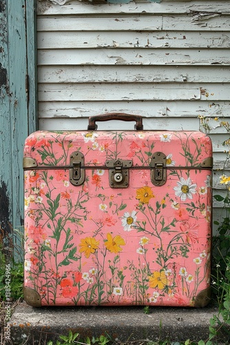 Vintage Floral Suitcase Against Weathered Walls
