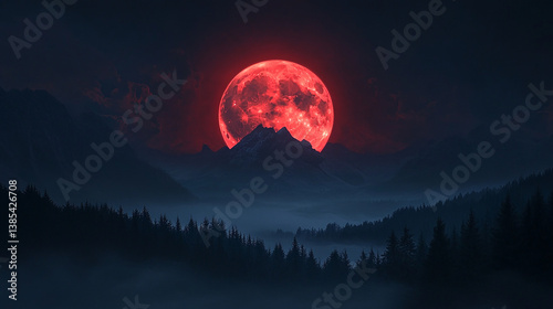 Blood moon glowing red in smoky night sky center