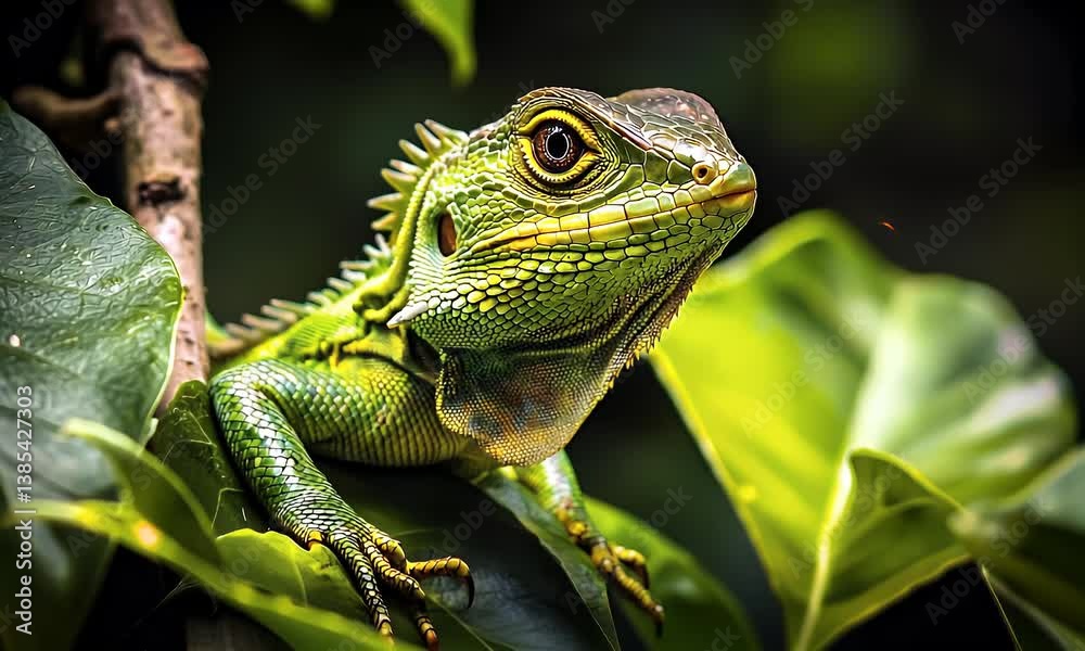 Vibrant green reptile perched among lush leaves in a tropical habitat. Sharp details enhance its texture Vibrant green reptile perched among lush leaves in a tropical habitat. Sharp details enhance its texture