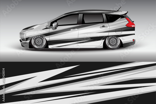 Sleek custom car design with dynamic graphics showcasing a modified vehicle in a minimalist setting