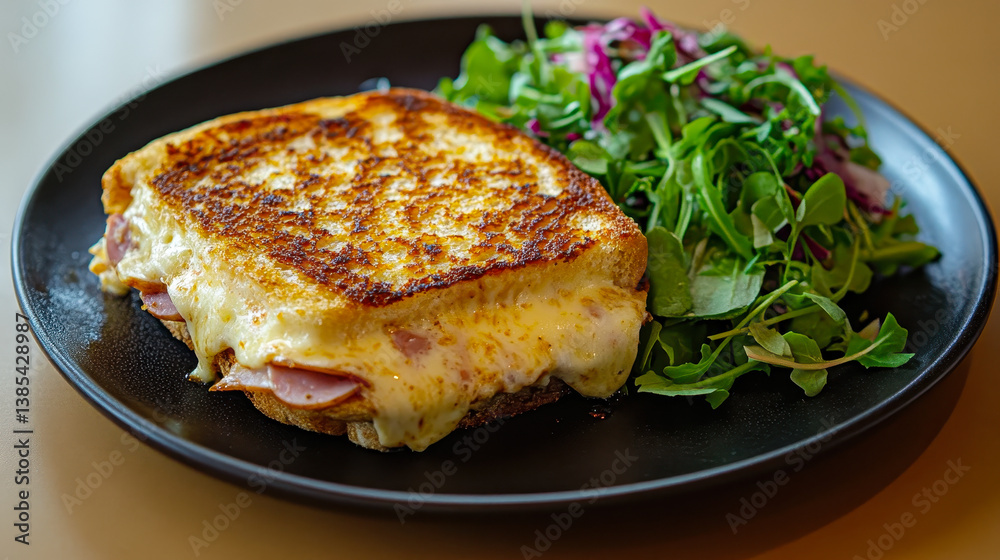 Gourmet Croque Monsieur with Fresh Salad in Bistro Setting for Delicious Lunch Gourmet Croque Monsieur with Fresh Salad in Bistro Setting for Delicious Lunch