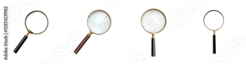 Four magnifying glasses with different handles isolated transparent background a collection of vintage style magnifiers