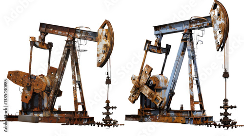 Old-Timey Oil Pump: A striking photograph unveils two weathered oil pumps in an industrial scene, weathered by time, symbolizing the extraction of valuable natural resources.