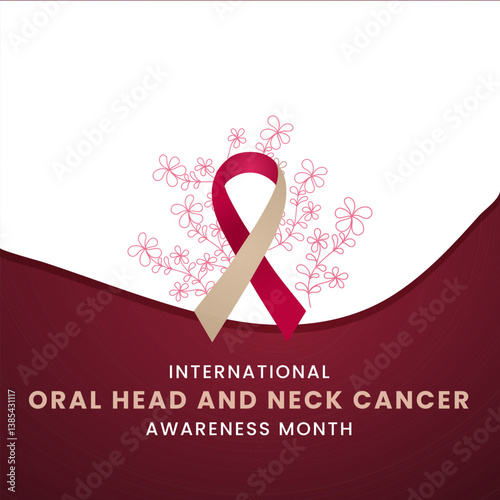 Burgundy and beige white ribbon with flower awareness graphic for International Oral Head and Neck Cancer Awareness Month banner.