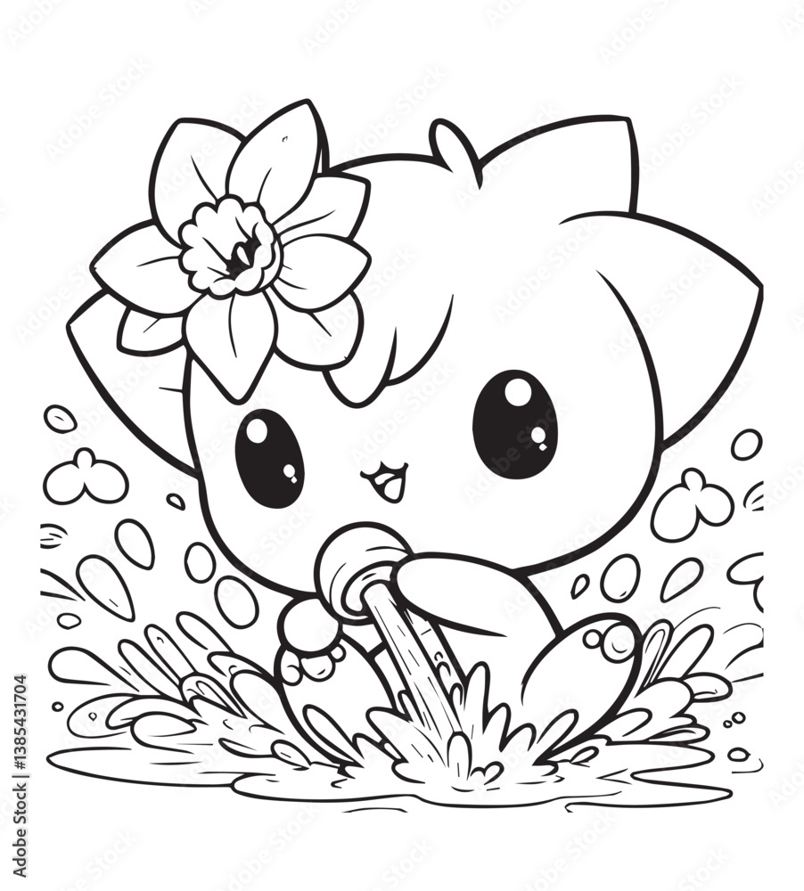 Coloring book A cute cat with a daffodil on its head, enjoying a bubbly drink Coloring book A cute cat with a daffodil on its head, enjoying a bubbly drink