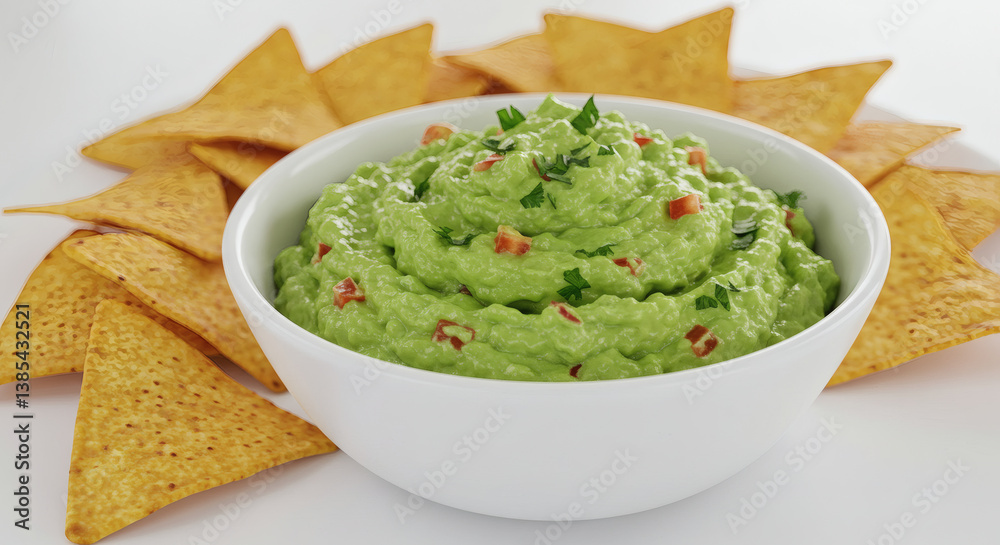 A bowl of fresh guacamole with tortilla chips arranged around it, placed on a white surface, fully in focus and with bright, appetizing colors. A bowl of fresh guacamole with tortilla chips arranged around it, placed on a white surface, fully in focus and with bright, appetizing colors.