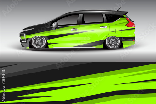 Stylish green and black modified car with sleek design, showcased in a minimalist studio setting