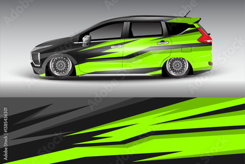 Sleek modified car with vibrant green and black graphics showcased against a minimalist backdrop