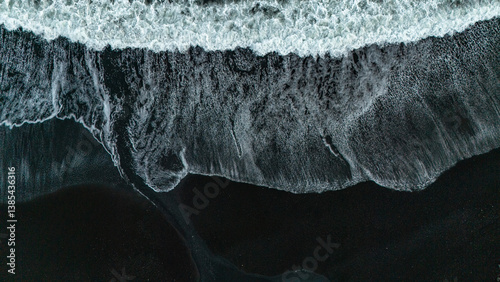 Drohnenaufnahme von weißer Brandung im schwarzen Strand von Vikurfjara in Island photo