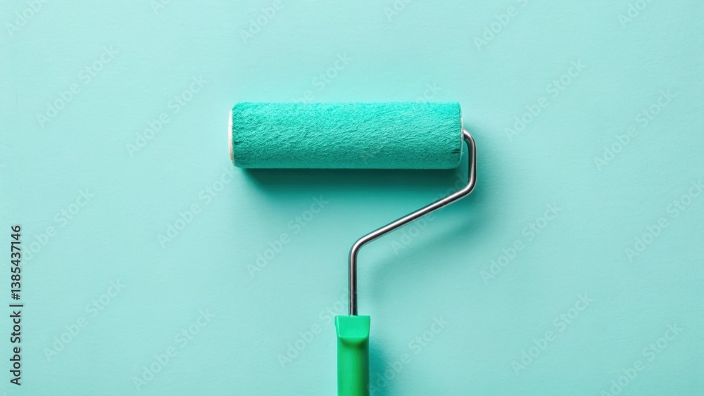 Obraz premium Paint roller on a textured wall, showcasing a vibrant turquoise color.