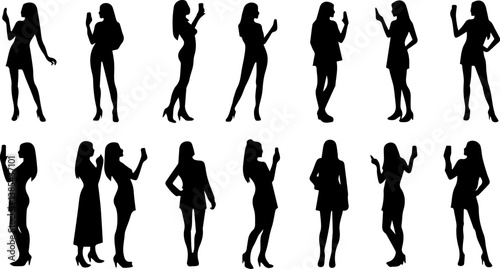 set collection of silhouettes of women taking selfies