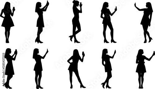set collection of silhouettes of women taking selfies