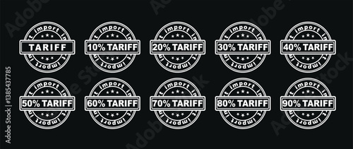 Set of ten  "Import Tariff" stamps with varying percentage white on a black background. illstration of trade taxes and international commerce.