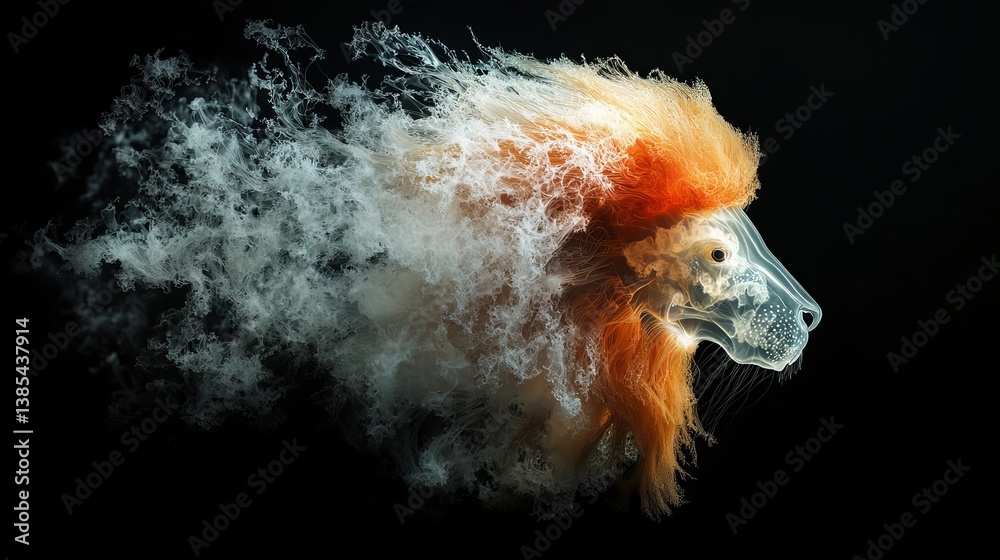 Fototapeta premium Translucent Jellyfish Lion Hybrid with Flowing Mane on Dark Background