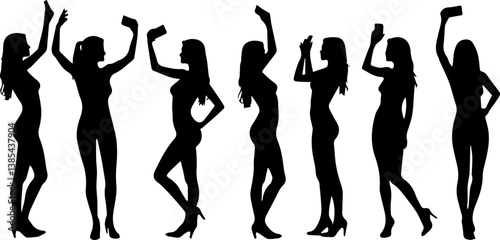 set collection of silhouettes of women taking selfies