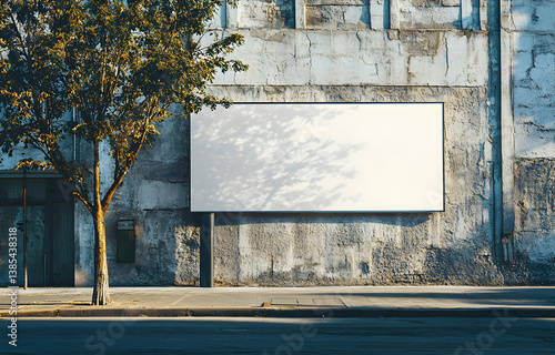 Blank billboard on aged concrete wall with tree shadow, ready for advertisement