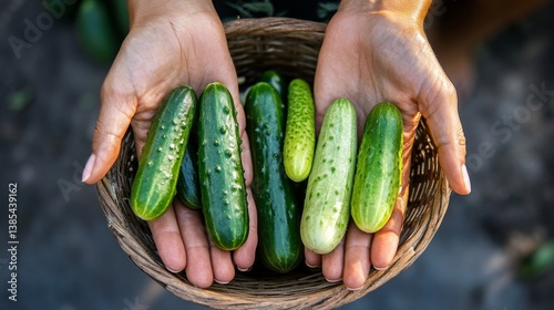 Freshly picked cucumbers in basket held by female hands