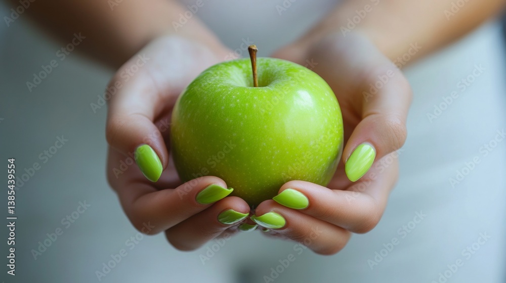 Close-up of green apple held by female with matching nail polish Close-up of green apple held by female with matching nail polish