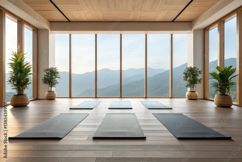 Fototapeta premium Serene yoga studio with mats, large windows, and mountain views creating a tranquil atmosphere.
