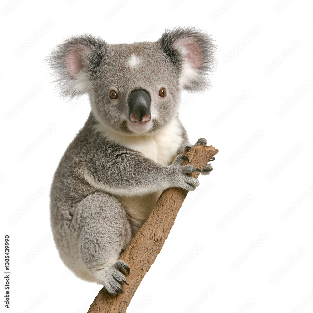 Fototapeta premium A cute koala sitting on a tree branch against a white isolated background, showcasing its distinctive features and fluffy ears, embodying the charm of Australian wildlife.